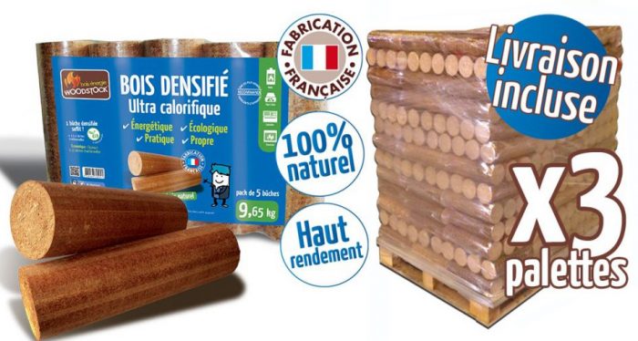 Bûches compressées WOODSTOCK 3 palettes, 312 sacs de 5 bûches, L25, Résineux - Image 1